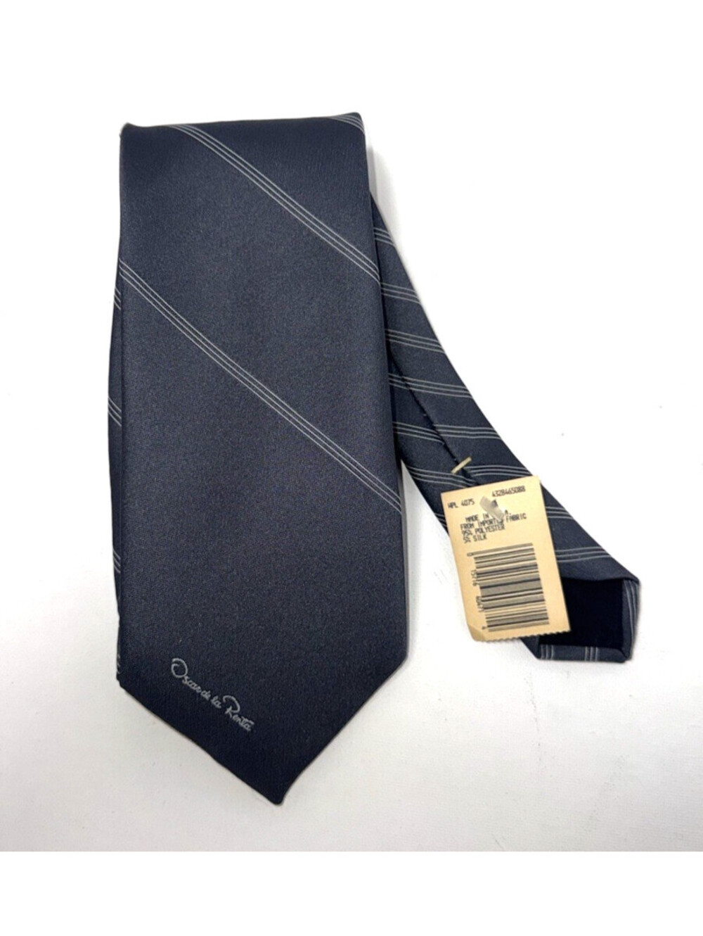 VTG Oscar De La Renta Mens Gray Tie Striped Necktie Black 95% polyester 5% silk - Picture 3 of 7